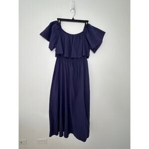 Cupshe Off-Shoulder Maxi Sundress Sz M Navy Blue 100% Cotton Side Slit Beach